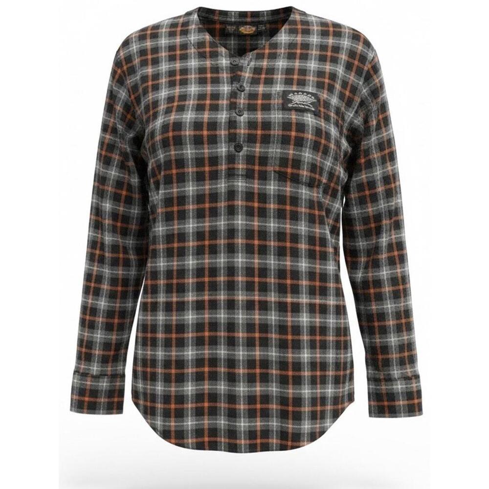 Harley-Davidson XS Women’s Pajama Shirt Black Orange Plaid Flannel Pocket w/Logo